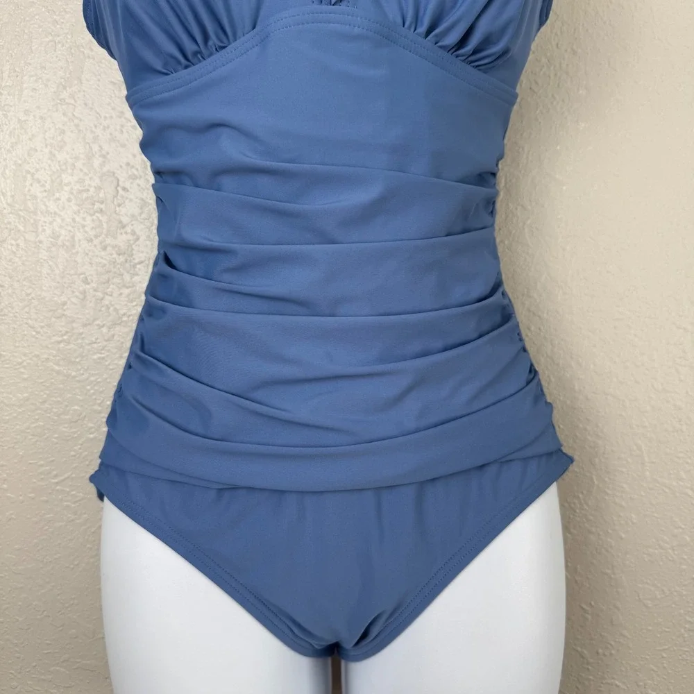 DKNY Blue Ruffle V-Neck Ruched One Piece Swimsuit Slimming Scoop Back S - Picture 4 of 8